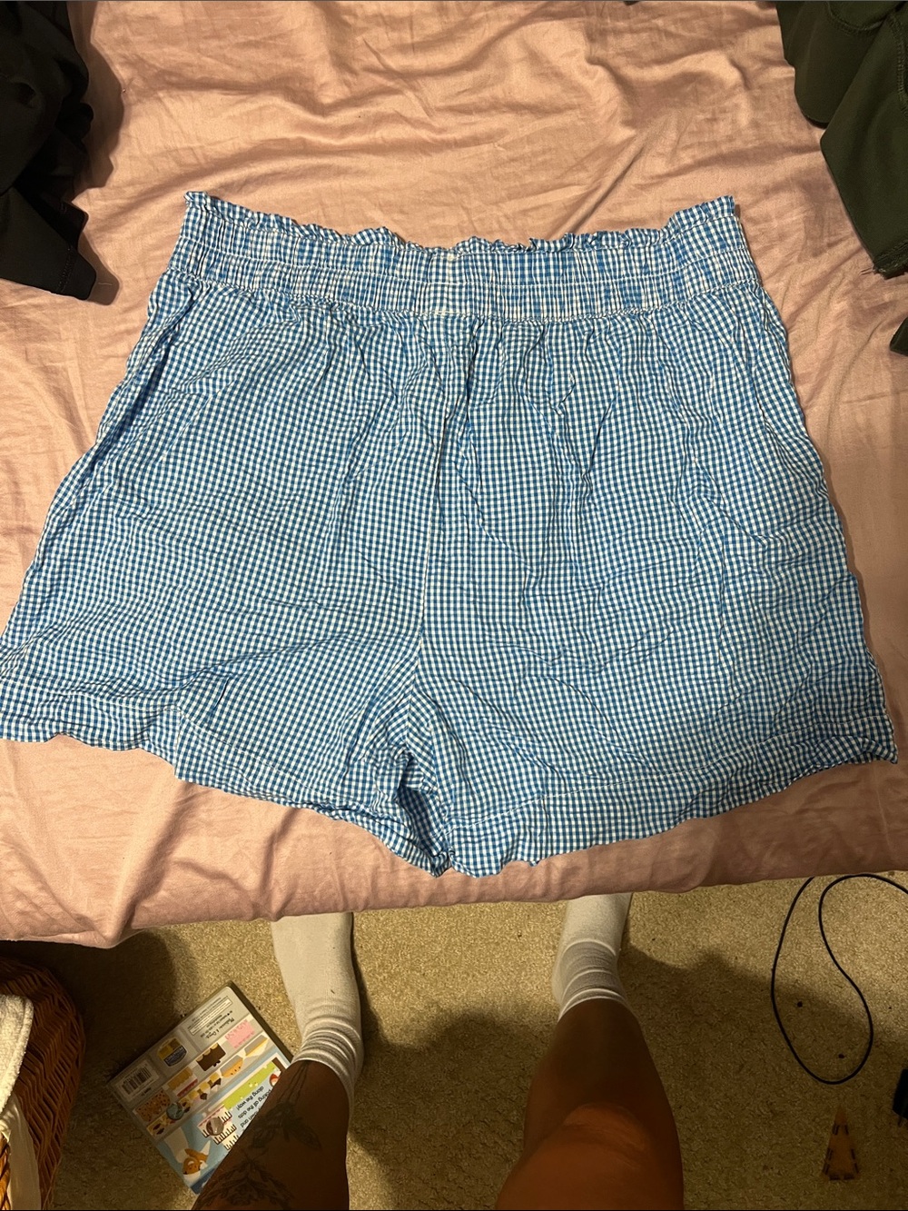 aerie Light Blue Gingham High-Waist Smocked Shorts